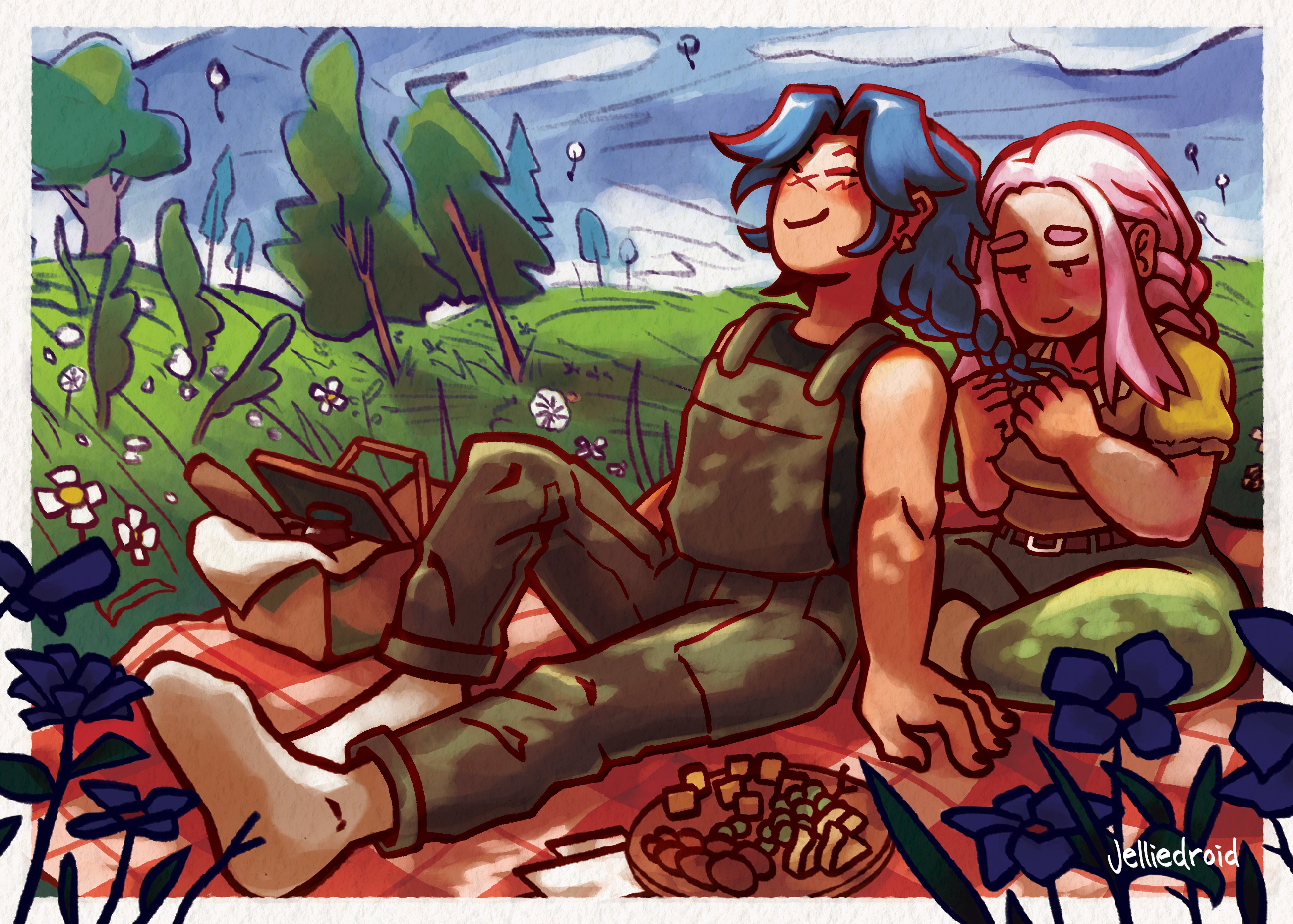 Two characters picnicking in a field of flowers
